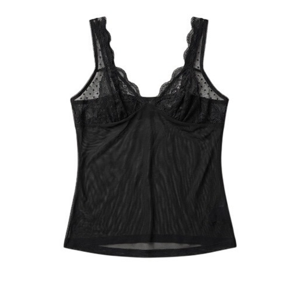 PINK Black Lace Trim Mesh Babydoll Chemise Lingerie Top Women's Large